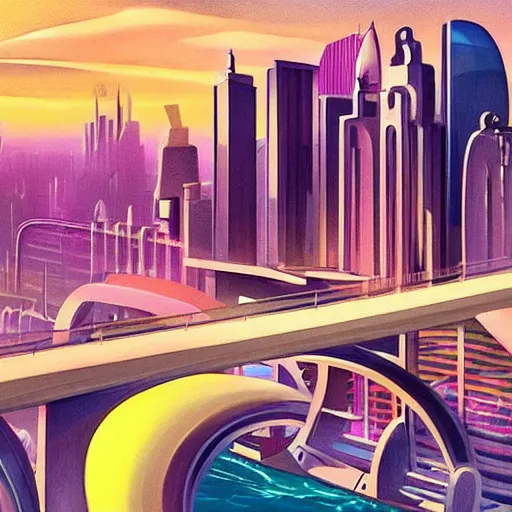 Image similar to futuristic art deco city, realistic style, bold colors, at golden hour