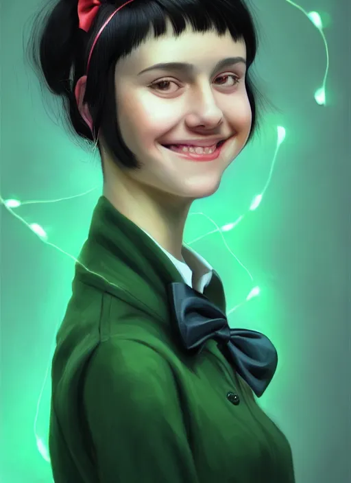 Prompt: portrait of high school girl, realistic, black hair, bangs, half updo hairstyle, pointy nose, skinny, smile, ugly, defined jawline, big chin, green hair bow, earrings, intricate, elegant, glowing lights, highly detailed, digital painting, artstation, sharp focus, illustration, art by wlop, mars ravelo and greg rutkowski