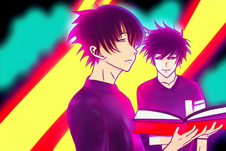 Prompt: an anime boy reading a book, neon, synthwave,