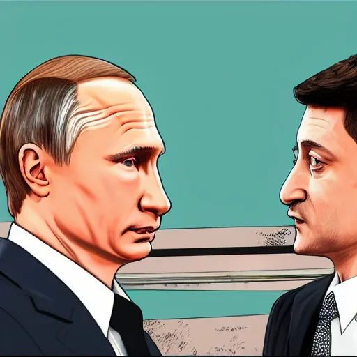 Image similar to Vladimir Putin kissing Zelensky in gta art style