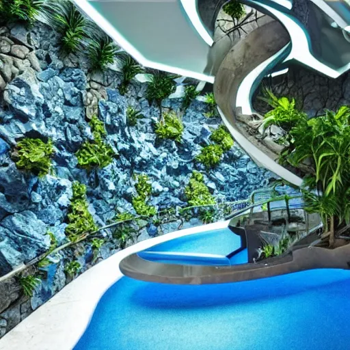 Image similar to a large blue futuristic room, startrek style, filled with plants, vegetation, rocks and a swimming pool.