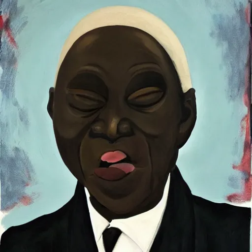 Prompt: a painting of a fatherly, aquiline nose, wide forehead, round face, XXL , loving, caring, generous, ever-present, humble, wise elder from Kenya with a friendly expression in a suit by Kara Walker . Fatherly/daddy, focused, loving, leader, relaxed,. ethereal lights, details, smooth, sharp focus, illustration, realistic, cinematic, artstation, award winning, rgb , unreal engine, octane render, cinematic light, macro, depth of field, blur, red light and clouds from the back, highly detailed epic cinematic concept art CG render made in Maya, Blender and Photoshop, octane render, excellent composition, dynamic dramatic cinematic lighting, aesthetic, very inspirational, arthouse.