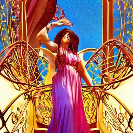 Prompt: A glass staircase with blinding backlights, colorful, beautiful woman posing, art nouveau style, hyper real highly detailed