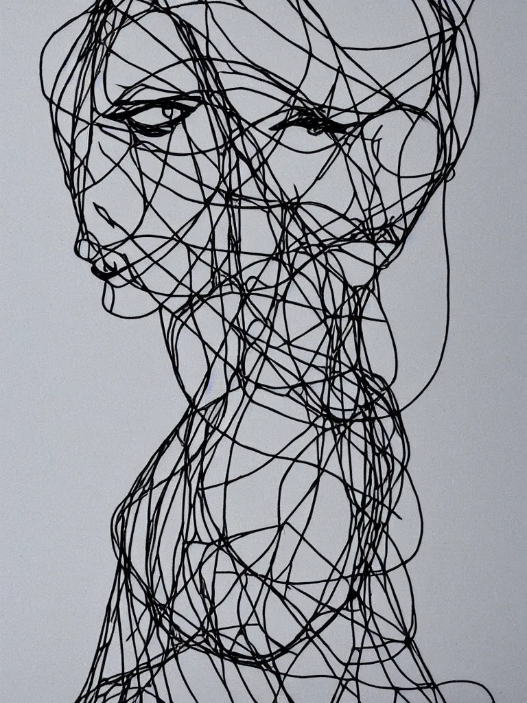 Image similar to elegant minimalist metal wire art of symmetrical and expressive female facial features and silhouette