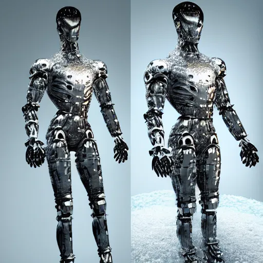 Image similar to made of ice, a realistic detailed photo of a guy who is an attractive humanoid who is half robot and half humanoid, who is a male android, on display, blank stare, showing off his muscles, shiny skin, posing like a statue, by the pool, frozen ice statue, twitch streamer / gamer ludwig, humanoid robot