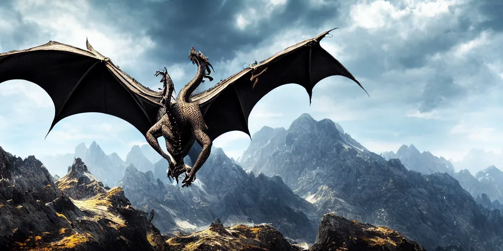 Image similar to A dragon with half open wings on the top of a mountain, epic composition, detailed and intricate image, cinematic, 4K