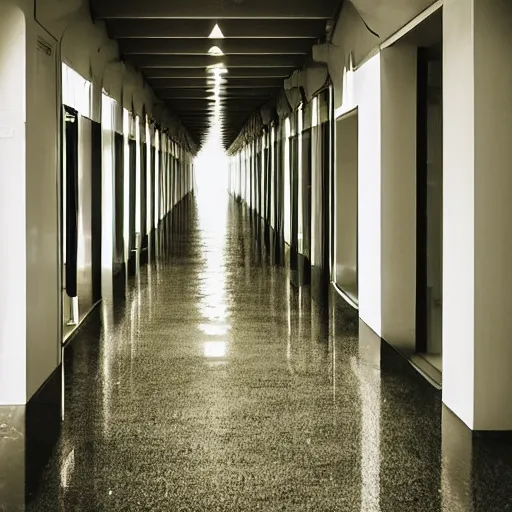 Image similar to an endless hallway with shallow water at the bottem of it, liminal