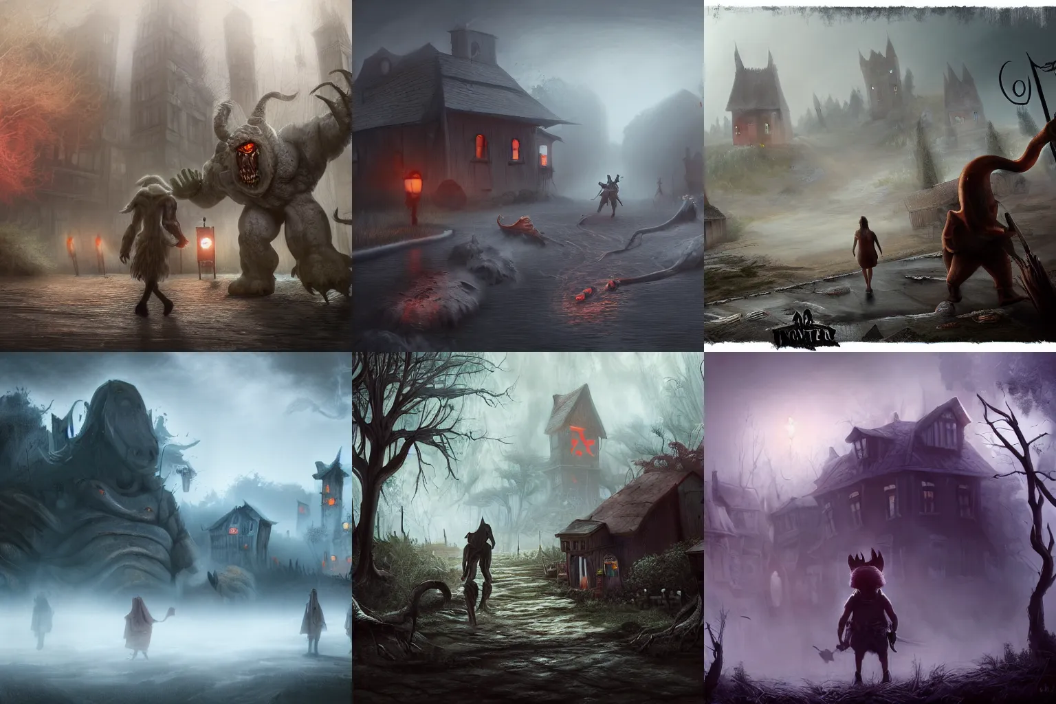 Prompt: a monster approaches from the fog. The people are scared and the village is in a panic. Expressive painting with masterful composition, high detailed cartoon characters, unreal engine, 3d render, stylized, photorealistic