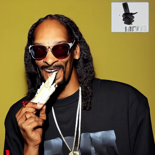 Image similar to Snoop Dog with big eyes eye color red , smiling and holding a joint in his hand