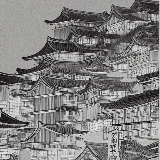 Image similar to a beautiful ink painting of buildings in japanese traditional style, in the style of hiroshi yoshida, at night, light effect, detailed, high - definition, exquisite isolated very detailed, moody lighting, 8 k highly detailed, trending on artstation