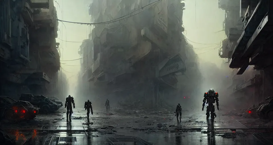 Image similar to hyper realistic sci - fi matte concept art painting of a mecha walking down a war torn street, beautiful details, strong composition painted by kim jung guweta studio rutkowski, james gurney and greg rutkowski, and lucasfilm, smooth, intricate, detailed, sharp focus, cinematic