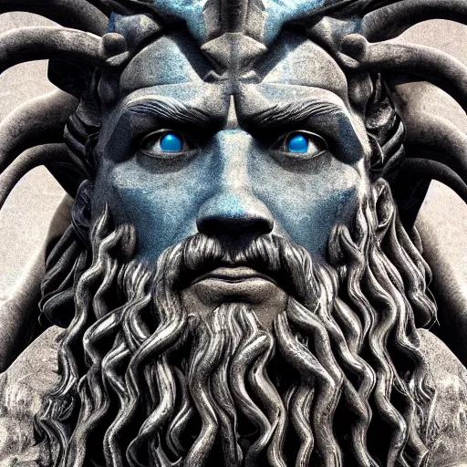 Prompt: detailed close up portrait Poseidon, the god of the sea, with trident and crown, matte painting, photorealistic, dark colors