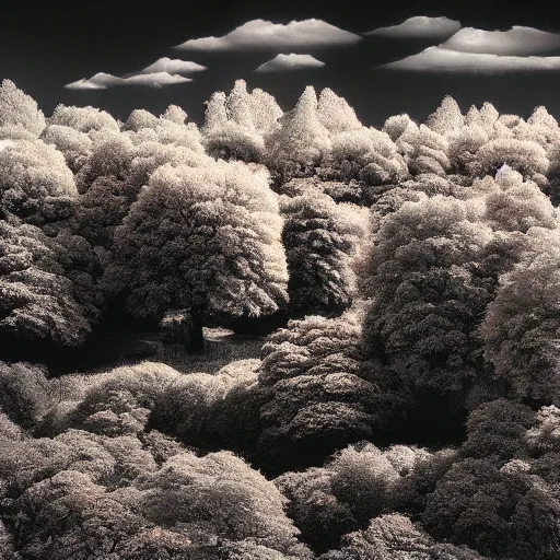 Prompt: an infrared image of trees in a field, a matte painting by tadanori yokoo, pixabay contest winner, color field, infrared, apocalypse landscape, matte painting