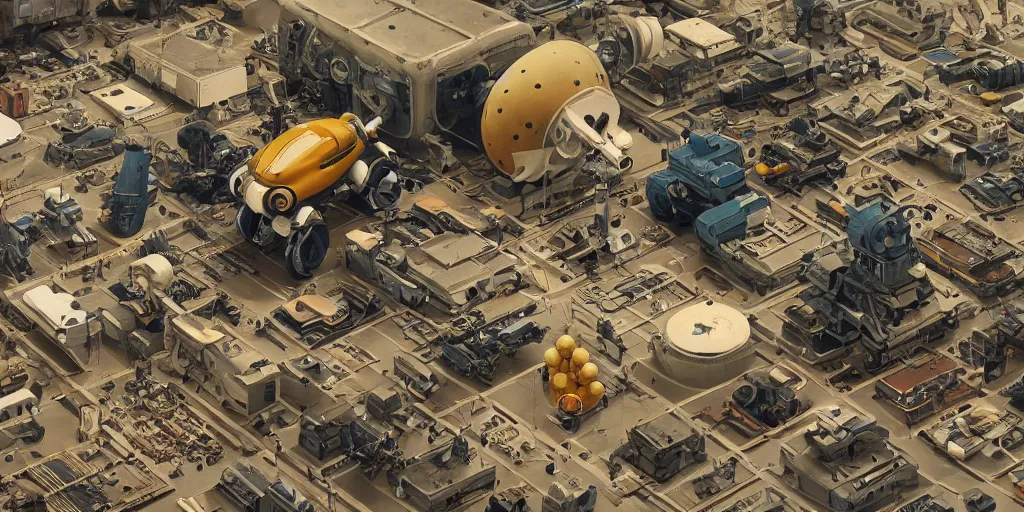 Image similar to collection of exploration of form and shapes, props, hard surface, panel, simon stalenhag, kitbash, items, gadget, big medium small, close up, vehicles, futuristic, parts, machinery, greebles, insanely detailed, case, hardware, golden ratio, wes anderson color scheme