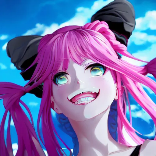 Prompt: stunningly beautilful omnipotent megalomaniacal anime goddess who looks like junko enoshima with symmetrical perfect face and porcelain skin, pink twintail hair and cyan eyes, taking control while smiling, mid view from below her feet taken in an extremely low angle, hyperdetailed, digital art, unreal engine 5, 2 d anime style, 8 k