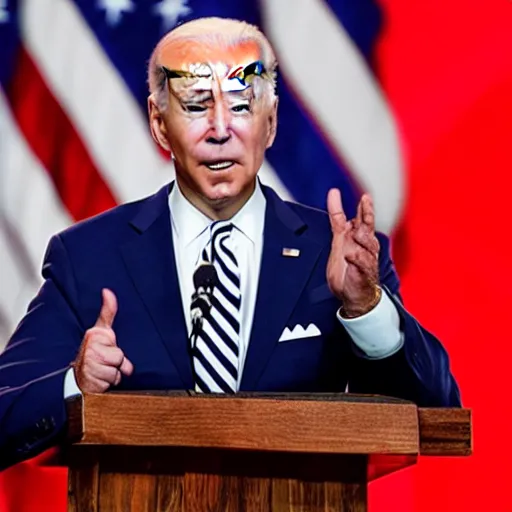 Image similar to Joe Biden next to a red and white talking globe