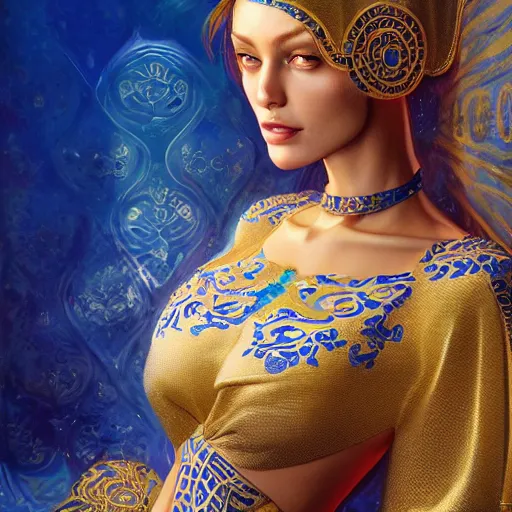 Image similar to a beautiful woman wearing a blue and white kaftan made of silk with golden ornaments and diamonds by alex gray and android jones , Karol Bak, Ayami Kojima, Amano , concept art, character design, fantasy,3D, 8k resolution