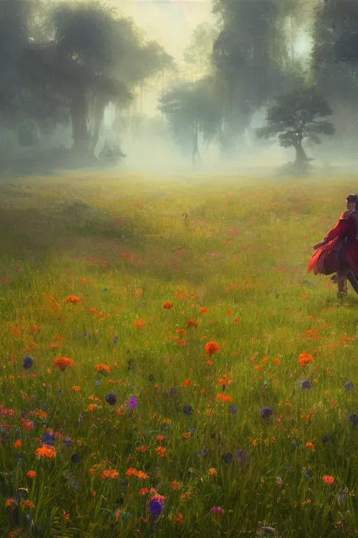 Image similar to A colourfull meadow by Greg Rutkowski, Sung Choi, Mitchell Mohrhauser, Maciej Kuciara, Johnson Ting, Maxim Verehin, Peter Konig, final fantasy , 8k photorealistic, cinematic lighting, HD, high details, atmospheric,