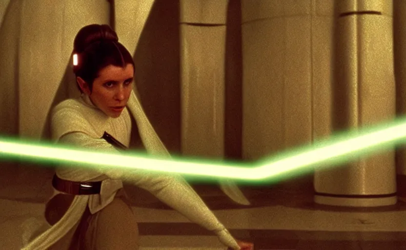 Image similar to screenshot of Princess Leia by herself, training to use a yellow lightsaber at a new desolute Jedi Temple, iconic scene from The Force Awakens the 1970s film directed by Stanley Kubrick, stunning cinematography, hyper-detailed, crisp, sharp, anamorphic lenses, kodak color film stock, 4k