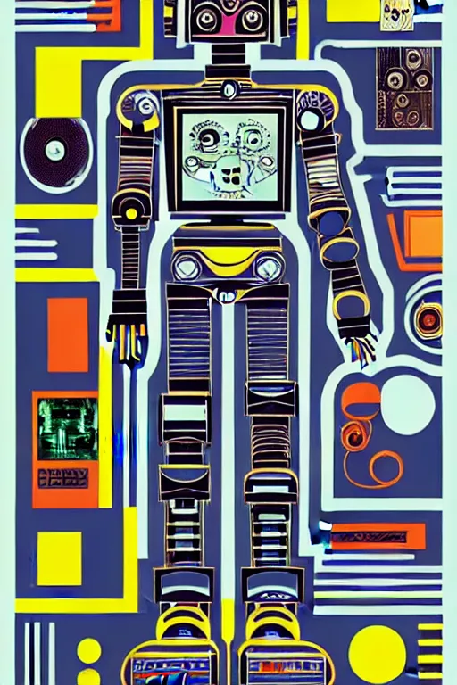 Image similar to a diagram of a robot body with various parts, cyberpunk art by eduardo paolozzi, behance contest winner, computer art, greeble, steampunk, poster art, james turrell, robert rauschenberg, andy warhol, pop art, czechoslovakia, surrealism, milton glaser, graphic design