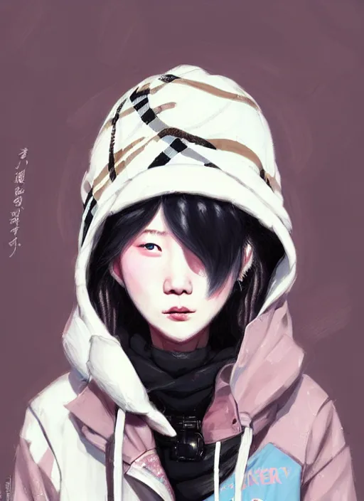 Prompt: highly detailed portrait of a korean sewer punk lady student, blue eyes, burberry hoody, hat, white hair by atey ghailan, by greg tocchini, by kaethe butcher, gradient pink, black, brown, cream and light blue color scheme, grunge aesthetic!!! ( ( graffiti tag wall, plain white background ) )