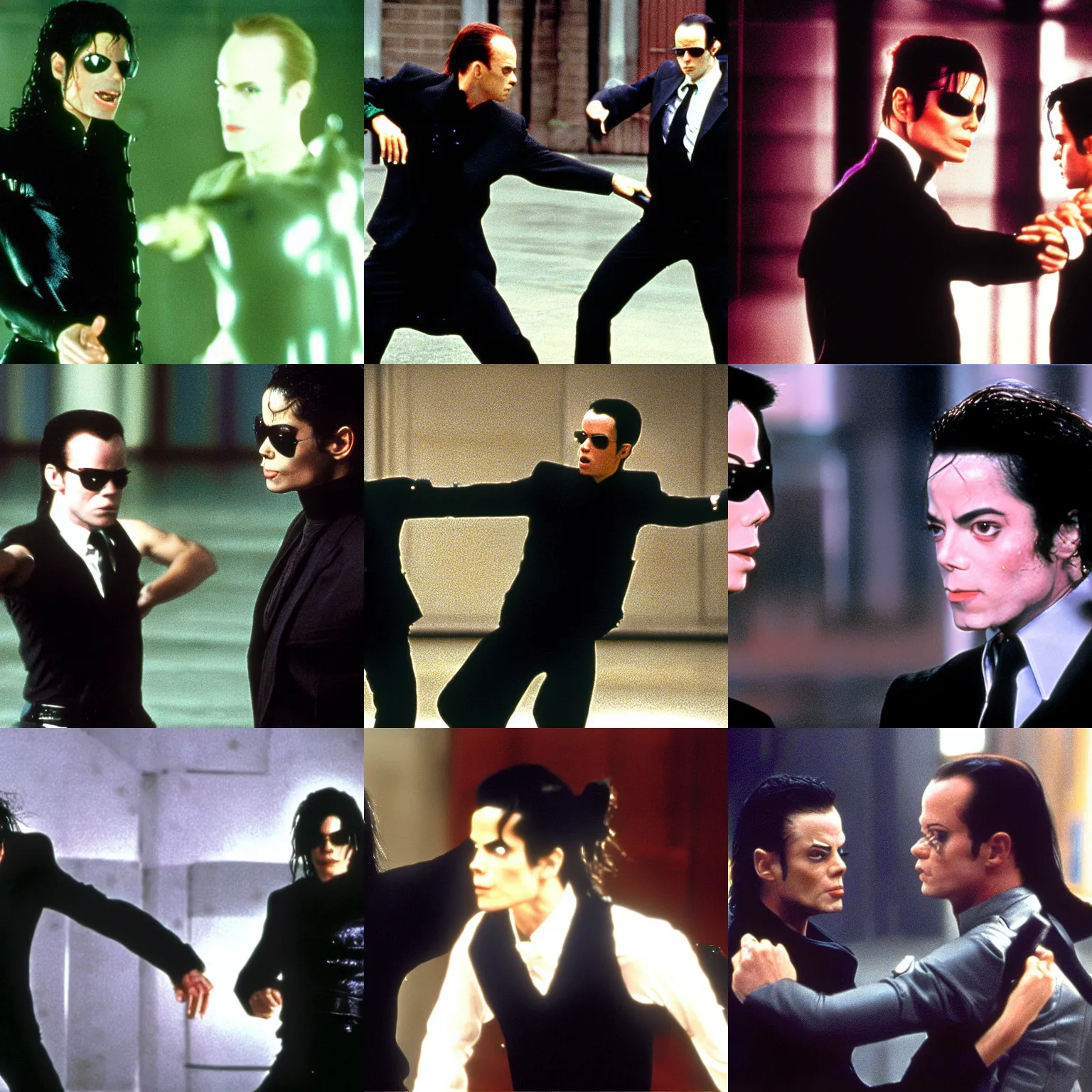 Prompt: Michael Jackson fighting Agent Smith, Still from The Matrix (1999)