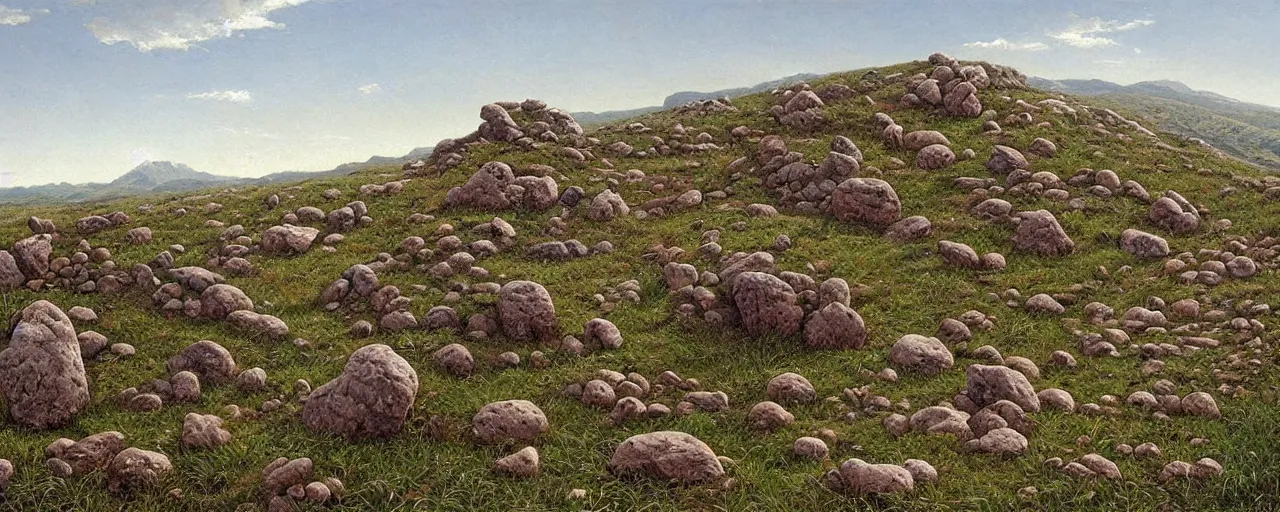 Image similar to a high hill landscape with a circle of large stones in the shape of fingers on the top, by ted nasmith