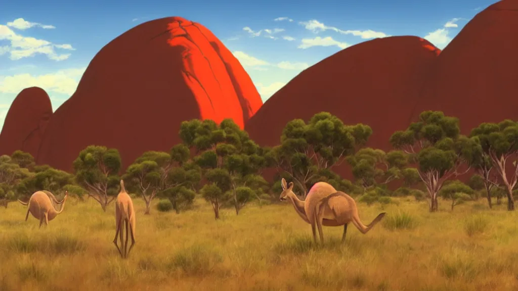 Image similar to australia, outback, uluru, kangaroos, ghibli style, makoto shinkai