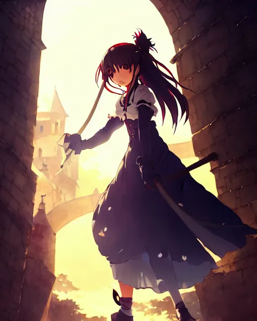 Image similar to pixiv, key anime visual portrait of a young female walking through a medieval village, dynamic pose, dynamic perspective, cinematic, dramatic lighting, detailed silhouette, film grain, yoshitaka amano, tending on artstation, face by yoh yoshinari, detailed, intricate