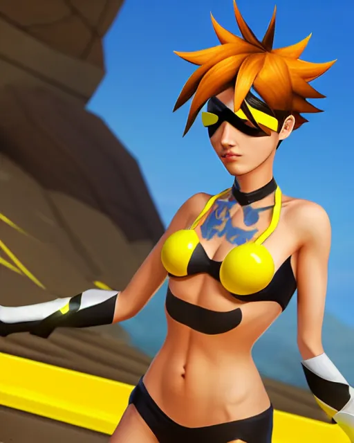 tracer game character, in black bikini, blonde hair