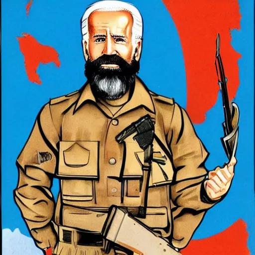 Image similar to joe biden as mujahideen in soviet propaganda poster