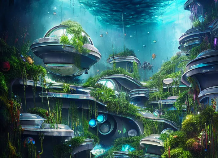 Image similar to overgrown favela spaceship cathedral, underwater environment, scenery, professional, award - winning, trending on artstation, hyper detailed, realistic, beautiful, emotional, shiny, colorful, picture