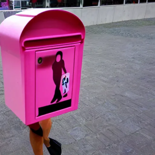 Image similar to a pink letter box with human legs running around in a shopping center