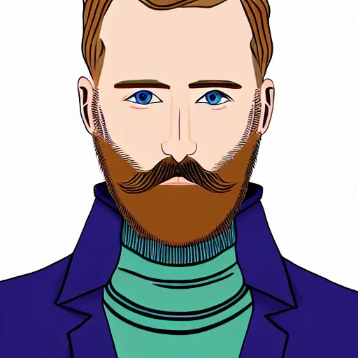 Prompt: A british man, with short blond hair and a very short blond beard wearing a corduroy jacket and turtleneck , blue eyes, pale skin, English heritage, digital art, cartoon, mid-shot, 8k