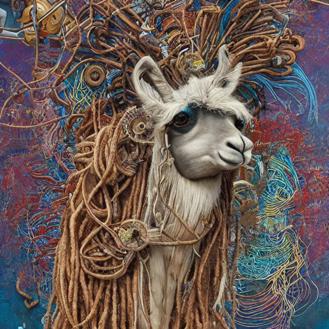 Prompt: llama with dreadlocks, industrial scifi, by mandy jurgens, ernst haeckel, el anatsui, by hsiao, james jean