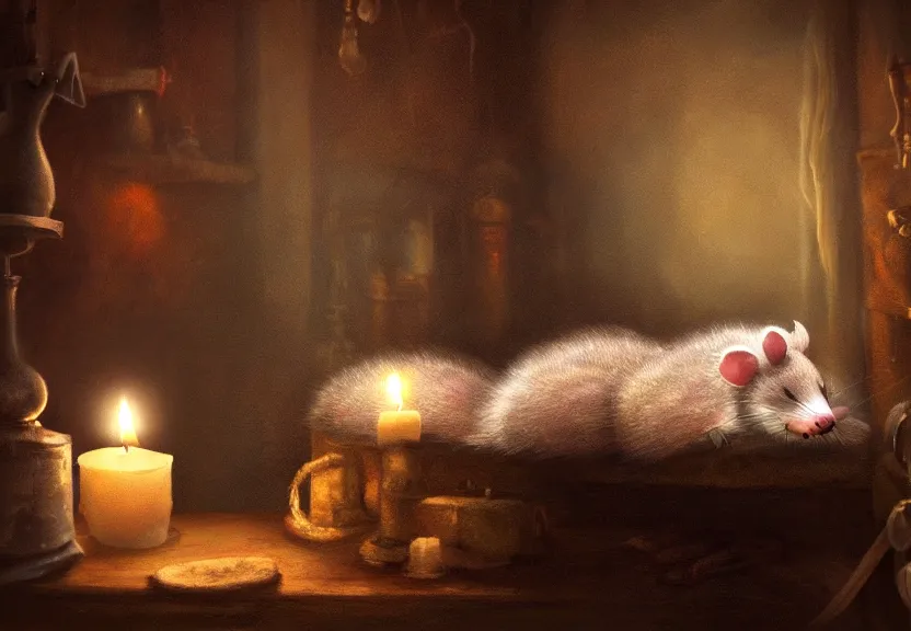 Image similar to cute possum sleeping on a bed in a medieval cluttered cottage at night under the dim light of a candle, dark fantasy, dreaming illusion, trending on artstation