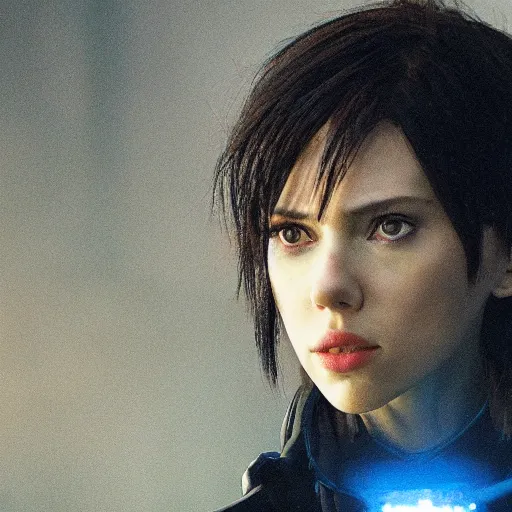 Image similar to a beautiful still of scarlett johansson as motoko kusanagi from ghost in the shell, cyberpunk style, looking off into the distance, short black hairs, with a soft, blue hour, neons light from night city falling on her face. focus on her eyes and brows. by annie leibowitz