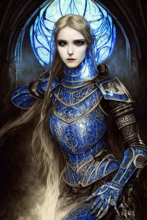 Image similar to beautiful luxury and gothic and victorian and evil medieval female blue & white color armor knight portrait+smoky eyes+light flowing hair, in ruin gothic cathedral, ultradetail face, art and illustration by tian zi and craig mullins and WLOP and alphonse mucha, fantasy, intricate complexity, human structure, fantasy world concept, watermark, blurry, hyperrealism 8k