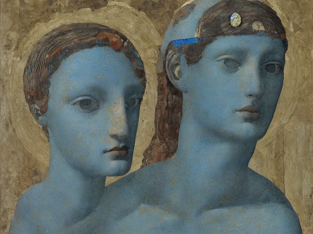 Image similar to marble greek sculpture head of the godess of the future with inlaid crystal eye. lapis - lazuli, turquoise, malachite, cinnabar, earth brown. painting by piero della francesca, balthus, agnes pelton