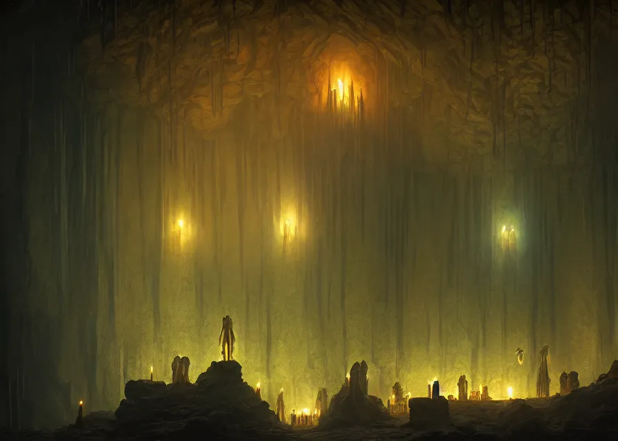 Prompt: dystopian chtonian cult, occult, dark cave, altar, night, candles, marc simonetti, matte painting, 4 k, trending on artstation 4 k,