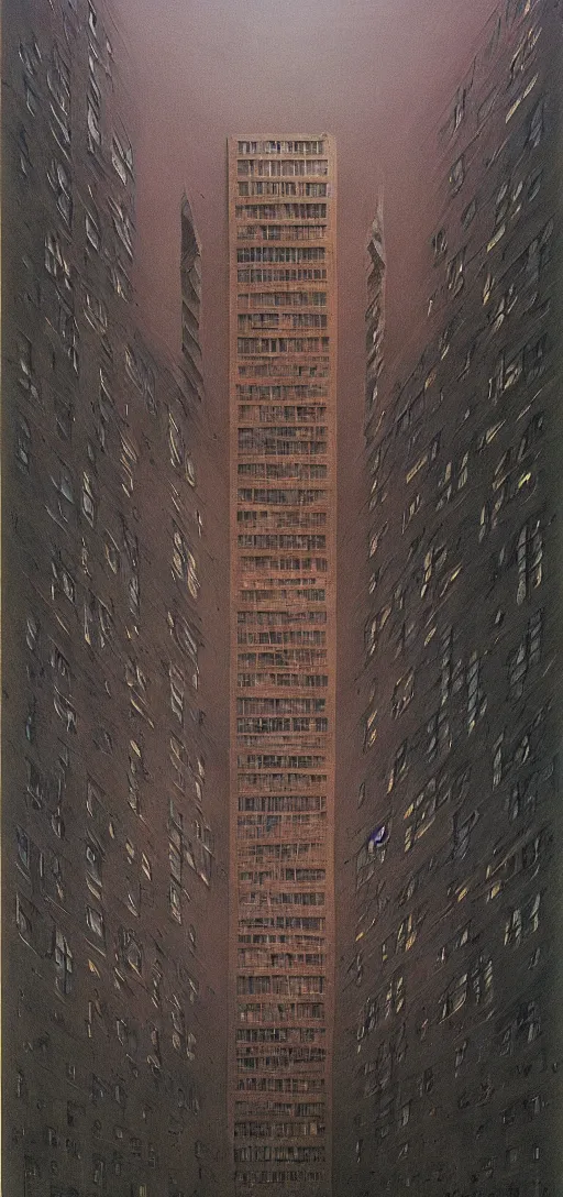 Prompt: zdzisław beksiński painting in color of a modern office building, dark colors, tendrils, 4K, high quality, creepy