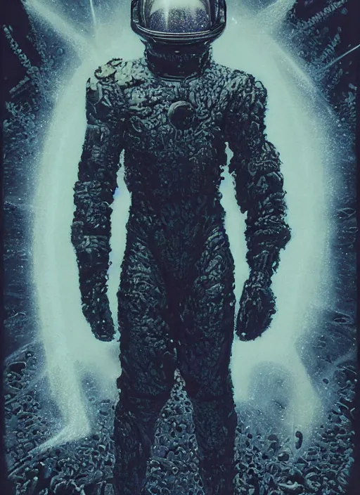 Image similar to astronaut in dark void underwater - complex and hyperdetailed technical suit design. reflection and dispersion materials. rays and dispersion of light. volumetric light. f / 3 2. noise film photo. flash photography. ultra realistic, 5 0 mm. poster by wayne barlowe, hajime sorayama aaron horkey, craig mullins