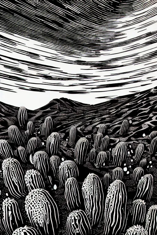 Prompt: art by brian reedy, a beautiful black ink linocut print of a desert of cactus, 8 k, frostbite 3 engine, cryengine, dof, trending on artstation, digital art, crepuscular ray
