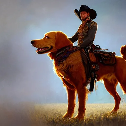 Image similar to Golden Retriever dressed as a cowboy, highly detailed, digital painting, artstation, concept art, smooth, sharp focus, illustration, art by artgerm and greg rutkowski and alphonse mucha