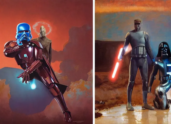 Image similar to a still from the movie avengers : infinty war and a still from the movie starwars of francis bacon and norman rockwell and james jean, and mark brooks, triadic color scheme, by greg rutkowski, syd mead and edward hopper and norman rockwell and beksinski, dark surrealism, orange and turquoise