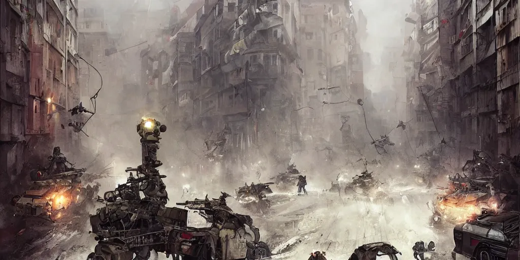 Image similar to spider robots terrorise streets of weimar berlin and attack freikorps soldiers and civilians, detailed painting, intense heavy street battle, bullet hell, pile of bodies, art by greg rutkowski and jakub rozalski