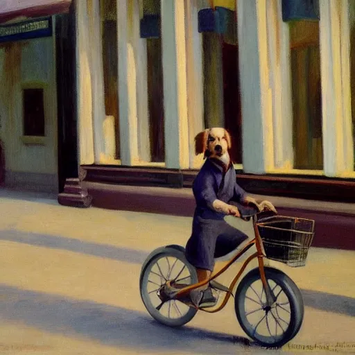 Prompt: young australian shepherd puppy riding a bike in paris. edward hopper. faithfully depicted, sharp focus, global illumination, radiant light, detailed and intricate environment, trending on artstation