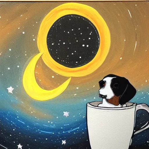 Prompt: painting of a dog sipping coffee on the moon gazing at tha milkyway galaxy