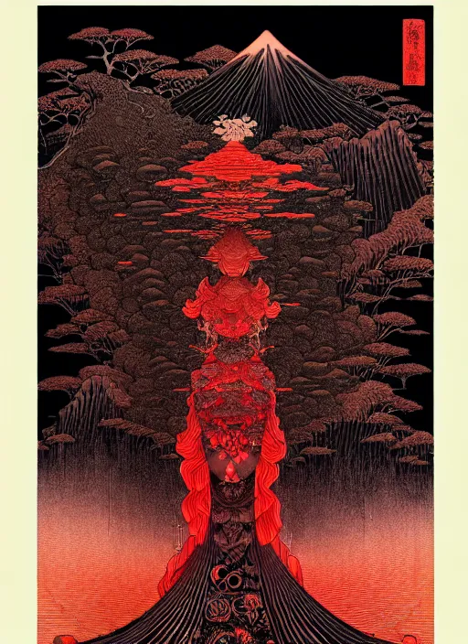 Prompt: detailed mighty liar goddess, by hokusai and james gurney + black paper with intricate and vibrant red line work + tarot card + mandelbulb fractal + full of silver layers + portrait + trending on artstation + incredible red and black gothic illustration + exquisite detail