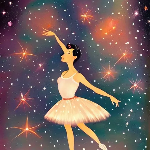 Image similar to ballerina in a dress looking at a starry sky, galaxy, beautiful, painting, highly detailed, soft light